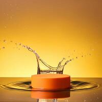 empty orange podium mockup with water splash on a gradient background for product display photo