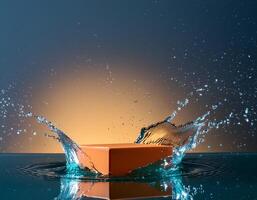 empty orange podium mockup with water splash on a gradient background for product display photo