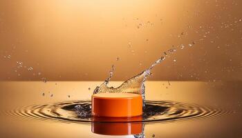 empty orange podium mockup with water splash on a gradient background for product display photo