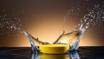 empty yellow podium mockup with water splash on a gradient background for product display photo