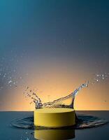 empty yellow podium mockup with water splash on a gradient background for product display photo