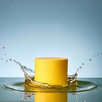 empty yellow podium mockup with water splash on a gradient background for product display photo