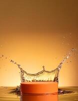 empty orange podium mockup with water splash on a gradient background for product display photo