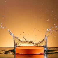 empty orange podium mockup with water splash on a gradient background for product display photo