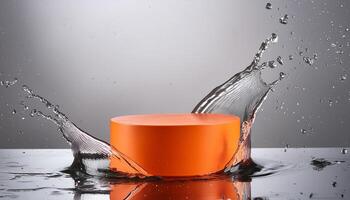 empty orange podium mockup with water splash on a gradient background for product display photo