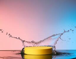 empty yellow podium mockup with water splash on a gradient background for product display photo