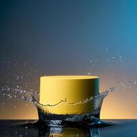 empty yellow podium mockup with water splash on a gradient background for product display photo