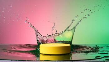 empty yellow podium mockup with water splash on a gradient background for product display photo