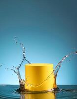 empty yellow podium mockup with water splash on a gradient background for product display photo