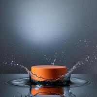 empty orange podium mockup with water splash on a gradient background for product display photo
