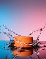 empty orange podium mockup with water splash on a gradient background for product display photo