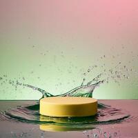 empty yellow podium mockup with water splash on a gradient background for product display photo