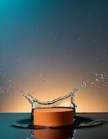 empty orange podium mockup with water splash on a gradient background for product display photo