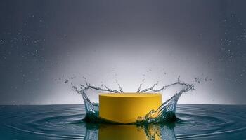 empty yellow podium mockup with water splash on a gradient background for product display photo