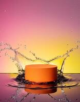 empty orange podium mockup with water splash on a gradient background for product display photo