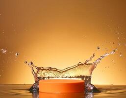 empty orange podium mockup with water splash on a gradient background for product display photo