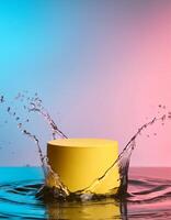empty yellow podium mockup with water splash on a gradient background for product display photo