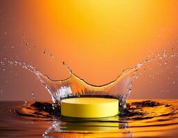 empty yellow podium mockup with water splash on a gradient background for product display photo