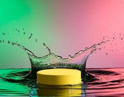 empty yellow podium mockup with water splash on a gradient background for product display photo