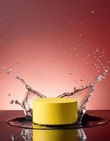 empty yellow podium mockup with water splash on a gradient background for product display photo