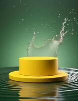 empty yellow podium mockup with water splash on a gradient background for product display photo