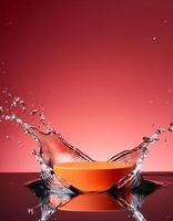 empty orange podium mockup with water splash on a gradient background for product display photo