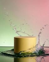 empty yellow podium mockup with water splash on a gradient background for product display photo