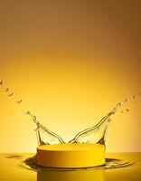 empty yellow podium mockup with water splash on a gradient background for product display photo