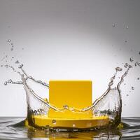 empty yellow podium mockup with water splash on a gradient background for product display photo