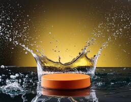 empty orange podium mockup with water splash on a gradient background for product display photo