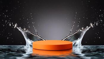 empty orange podium mockup with water splash on a gradient background for product display photo