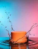 empty orange podium mockup with water splash on a gradient background for product display photo