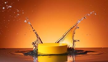 empty yellow podium mockup with water splash on a gradient background for product display photo