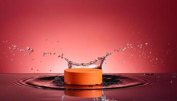 empty orange podium mockup with water splash on a gradient background for product display photo
