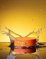 empty orange podium mockup with water splash on a gradient background for product display photo