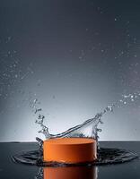 empty orange podium mockup with water splash on a gradient background for product display photo