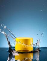 empty yellow podium mockup with water splash on a gradient background for product display photo
