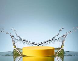 empty yellow podium mockup with water splash on a gradient background for product display photo