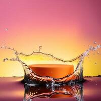 empty orange podium mockup with water splash on a gradient background for product display photo
