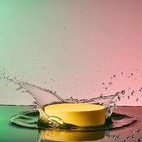empty yellow podium mockup with water splash on a gradient background for product display photo
