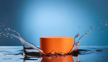 empty orange podium mockup with water splash on a gradient background for product display photo