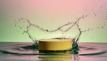 empty yellow podium mockup with water splash on a gradient background for product display photo