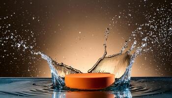 empty yellow podium mockup with water splash on a gradient background for product display photo