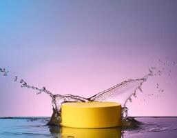 empty yellow podium mockup with water splash on a gradient background for product display photo