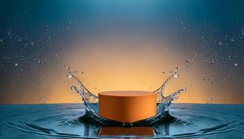 empty orange podium mockup with water splash on a gradient background for product display photo