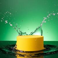 empty yellow podium mockup with water splash on a gradient background for product display photo