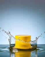 empty yellow podium mockup with water splash on a gradient background for product display photo
