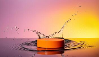 empty orange podium mockup with water splash on a gradient background for product display photo