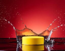 empty yellow podium mockup with water splash on a gradient background for product display photo