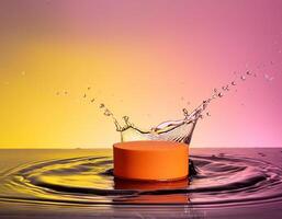 empty orange podium mockup with water splash on a gradient background for product display photo